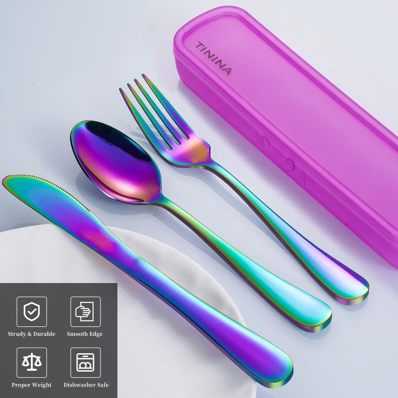 TININA Travel Utensils with Case  4-Piece Stainless Steel Portable Cutlery Set  Reinforced Case with Buckle Design  Lunch Box for Camping Work School  Include Fork Spoon Knife  Dishwasher Safe  Rainbow - Image 2
